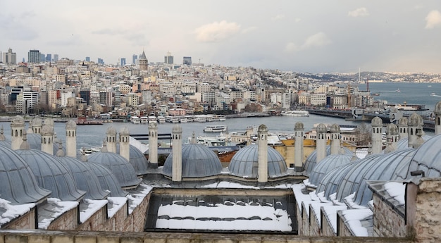 Suleymaniye Bath Roofs and Bosphorus Strait in Istanbul Turkey