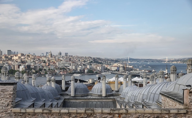 Suleymaniye Bath Roofs and Bosphorus Strait in Istanbul Turkey