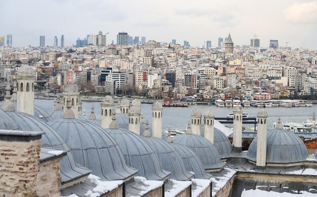 Suleymaniye Bath Roofs and Galata District in Istanbul Turkey