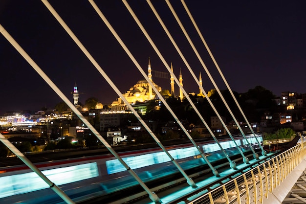 Suleymaniye mosque twilight view from new built Halic metro Bridge