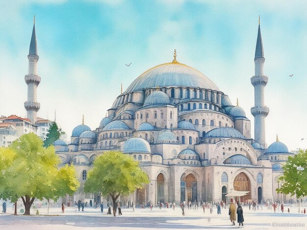 Suleymaniye Mosque watercolor painting sketch photo effect Istanbul Turkey