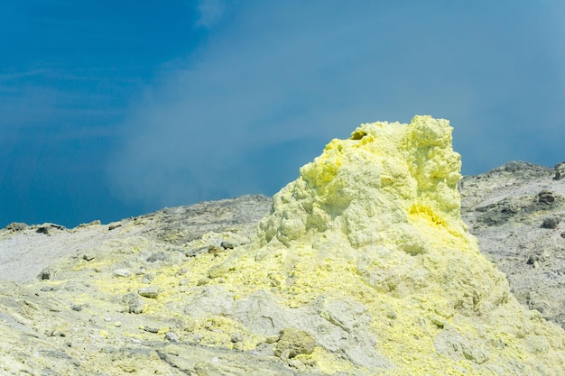 Sulfur deposits around a solfatara in a fumarole field on the slope of a volcano