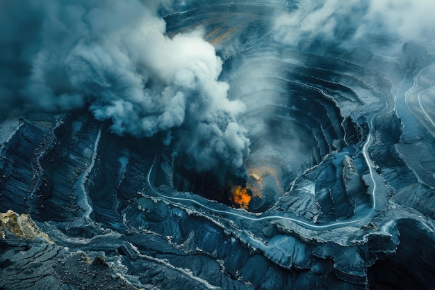 Sulfur mining from above surrounded by smoke Ai generative