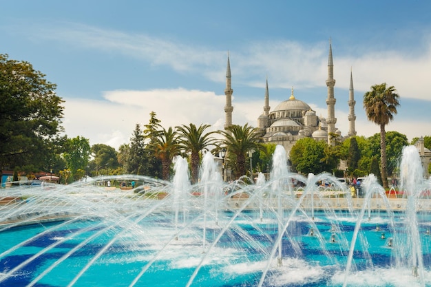 The Sultan Ahmed Mosque Blue Mosque and fountain view from the Sultanahmet Park in Istanbul