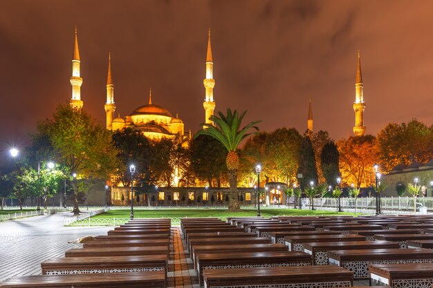 トルコ、イスタンブールのスルタンアフメットまたはブルーモスク、夜景。