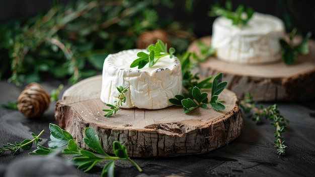 Suluguni cheese on a light wooden board decorated with greenery dark wooden background