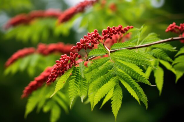 Photo sumac deer or vinegar tree has green leaves and red inflorescences