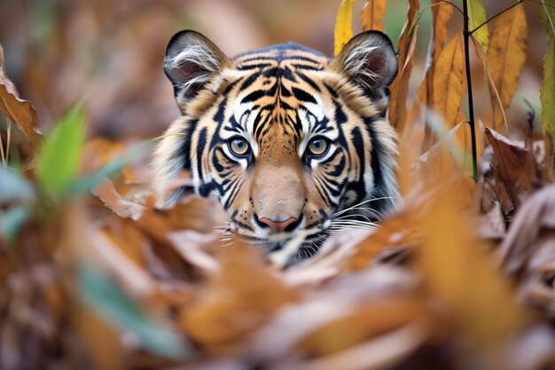 Sumatraanse tijger gecamoufleerd tussen varens