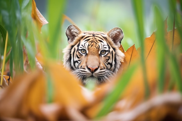 Sumatran tiger camouflaged among ferns