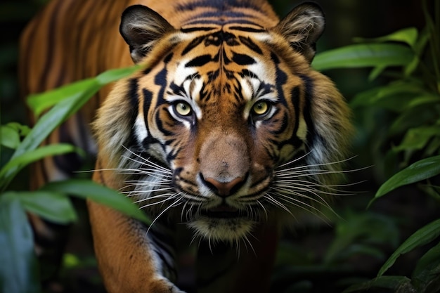 Sumatran tiger in forest background stalking prey beautiful Asian tiger