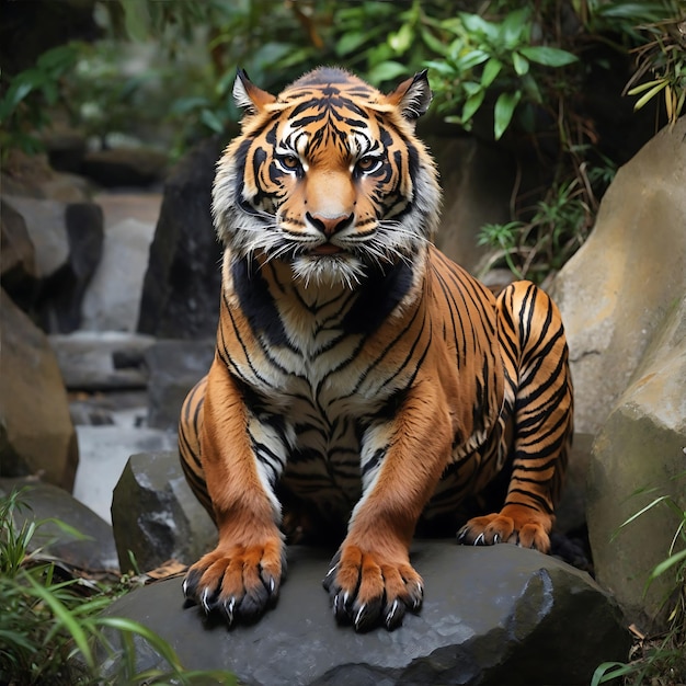 The Sumatran tiger is sitting on a rock AI generated