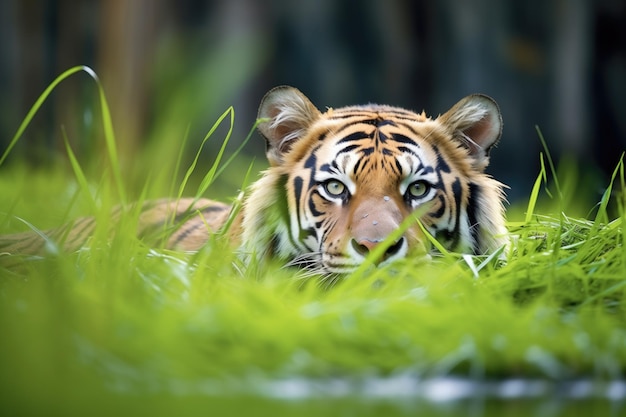 太陽 に 浸かっ て いる <unk> の 畑 に 横たわっ て いる スマトラ の 虎