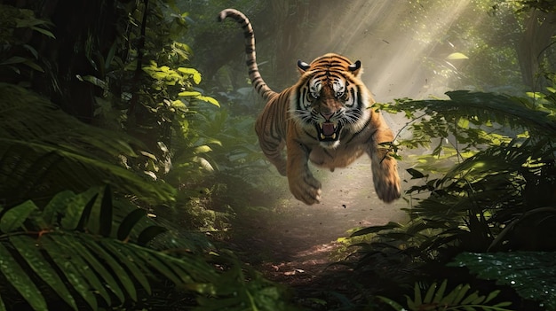 Photo sumatran tiger running in the jungle panthera tigris altaica