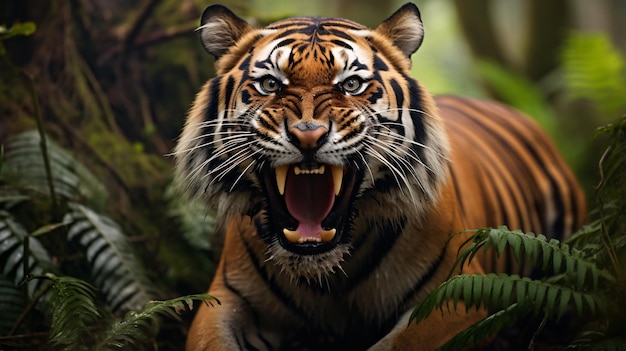 Photo sumatran tiger with open mouth in the forest