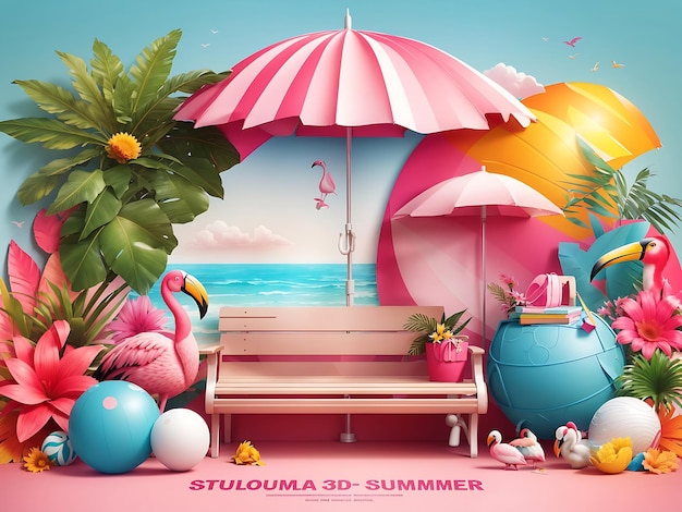 Summer 3D Realistic Stylish Modern Design Banner in Pink Patterned Background with Clipped Tropical