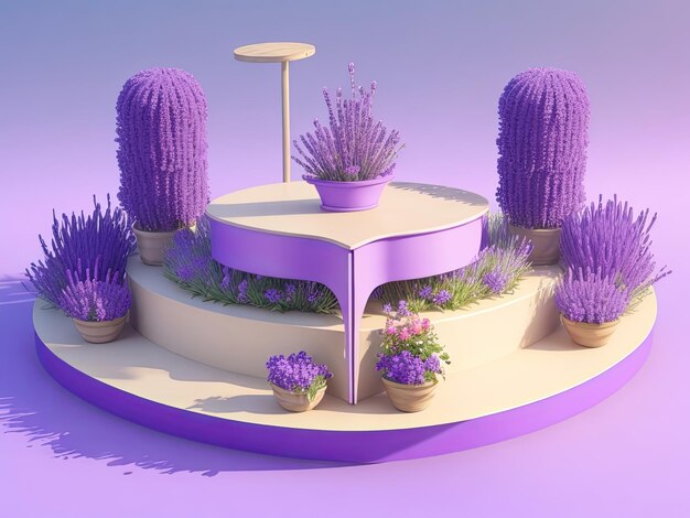 Summer 3D table with lavender podium flower background purple merchandise nature and platform