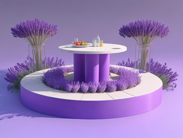 Summer 3D table with lavender podium flower background purple merchandise nature and platform