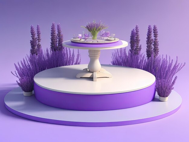 Summer 3D table with lavender podium flower background purple merchandise nature and platform