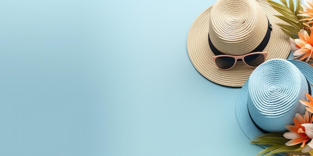 summer accessories on blue pastel background copy space