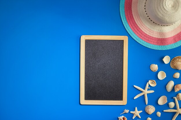 Summer accessories travel blue wooden table