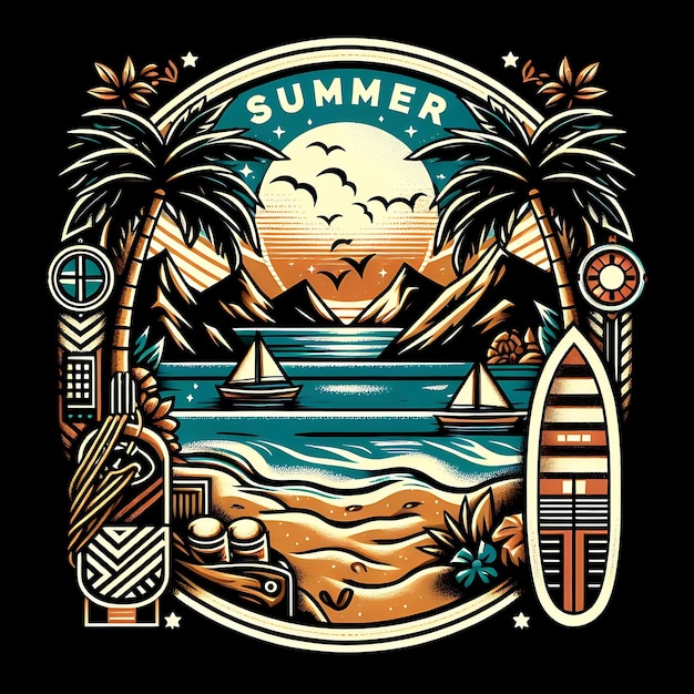 Photo summer adventure beach illustration vector graphics for tshirt designs