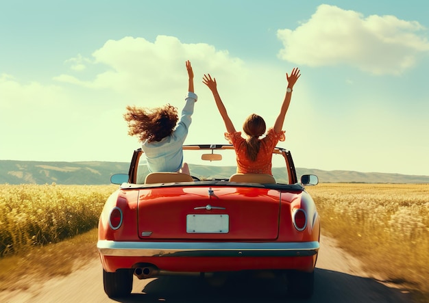 Summer Adventure Two Girls in a Red Convertible Car Cruising the Country Roads Generative Ai