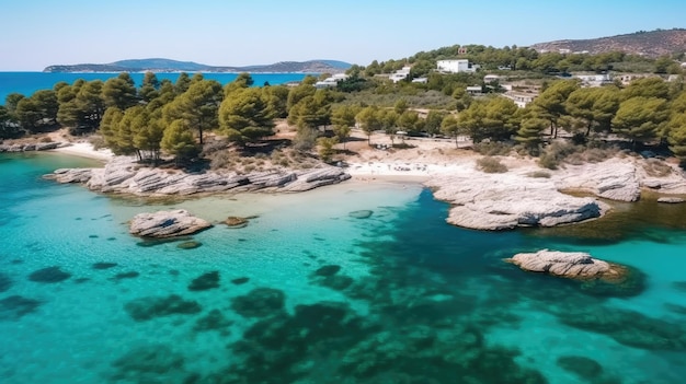 During the summer an aerial view of magnificent islands and different beaches The Ionian Sea Albanias Ksamil Resorts and hotels on the waters edge Coastline