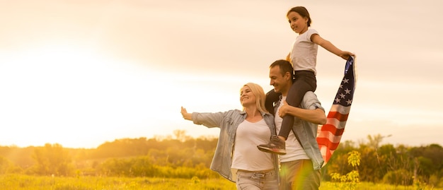 Summer, American Family with United States Flag.