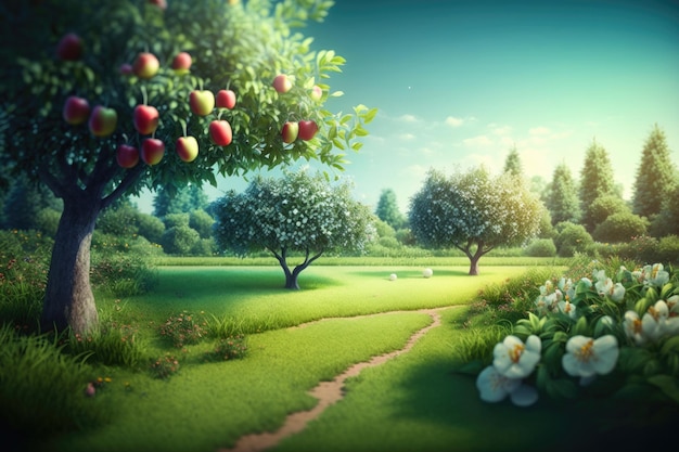 Summer Apple Garden Illustration AI Generative