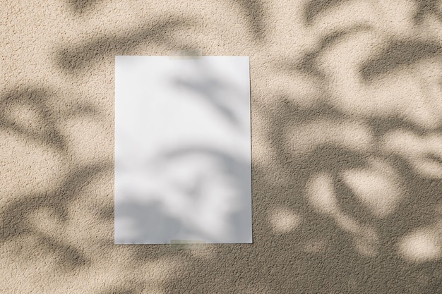 Summer artistic display scene Blank paper poster taped on beige textured wall in sunlight Tree leaves branches shadows overlay Grunge concrete background Modern summer neutral design