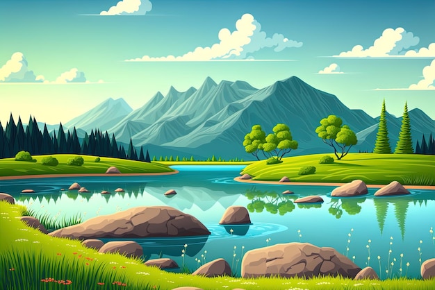Foto sfondi estivi vista di parco naturale illustrazione di un paesaggio di montagna di cartone animato con uno stagno pulito