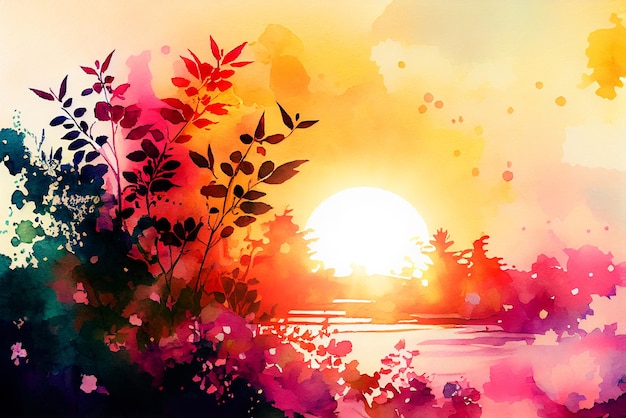 早朝の日光に草と花を持つ夏の背景 水彩イラスト