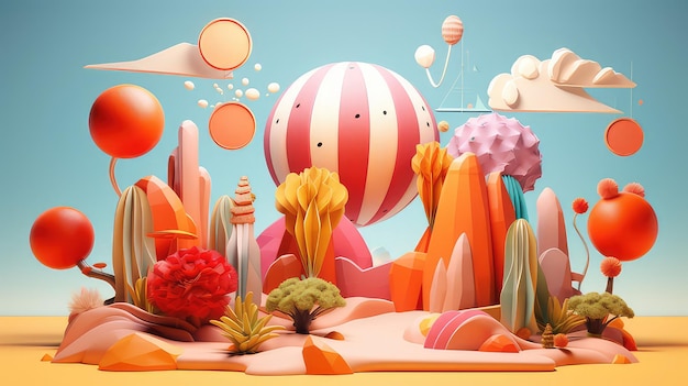 Summer background 3d render with various and colorful object