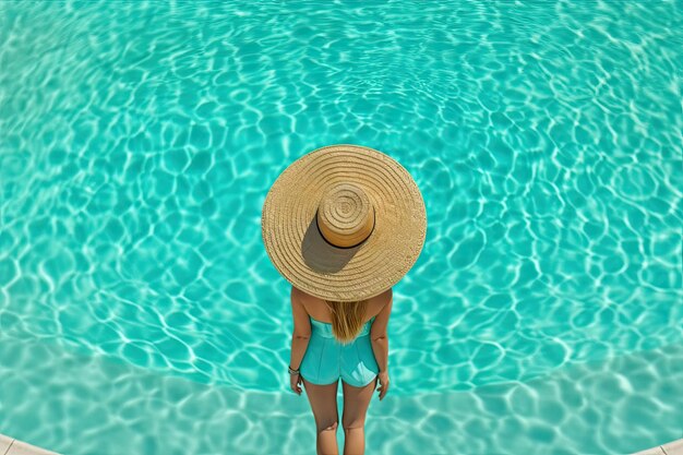 Summer background banner Young woman wearing a huge straw hat in swimming pool with turquoise water