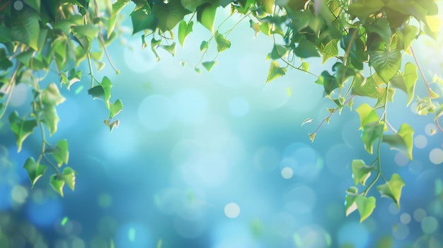 Photo summer background of blue and green blurred foilage and sky with bright bokeh blurry abstract summ