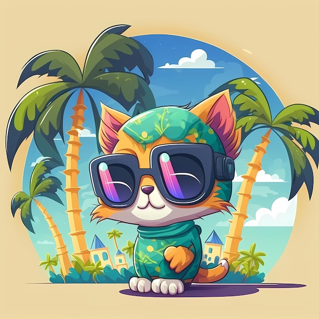 summer background cat wearing sunglasses with beach and palm trees