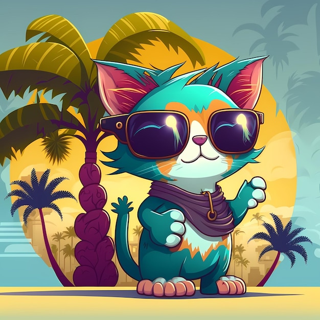 summer background cat wearing sunglasses with beach and palm trees