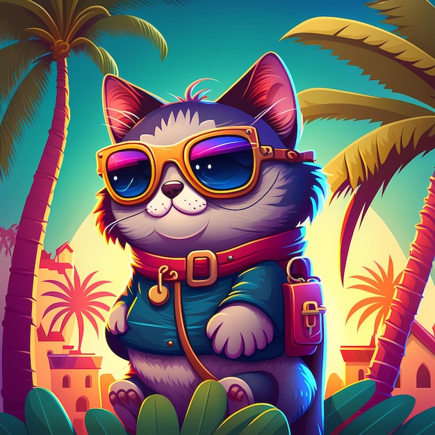 summer background cat wearing sunglasses with beach and palm trees