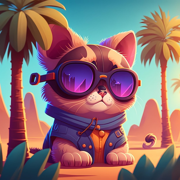 summer background cat wearing sunglasses with beach and palm trees