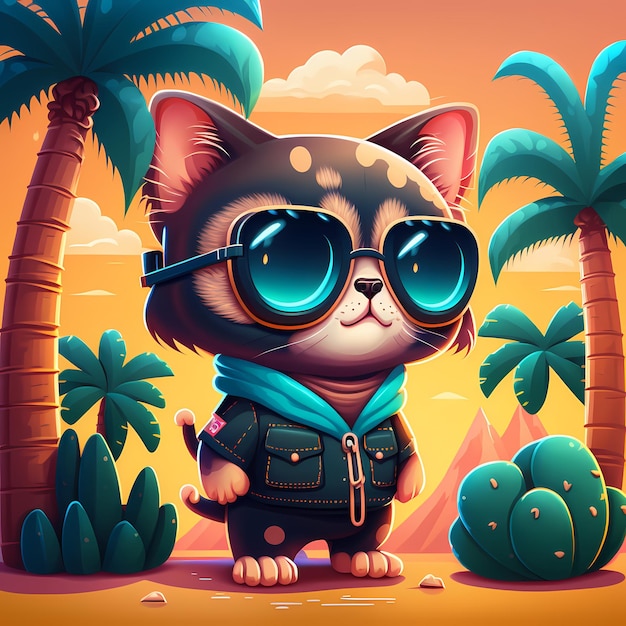 summer background cat wearing sunglasses with beach and palm trees