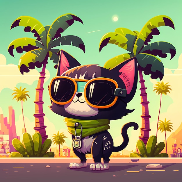 summer background cat wearing sunglasses with beach and palm trees