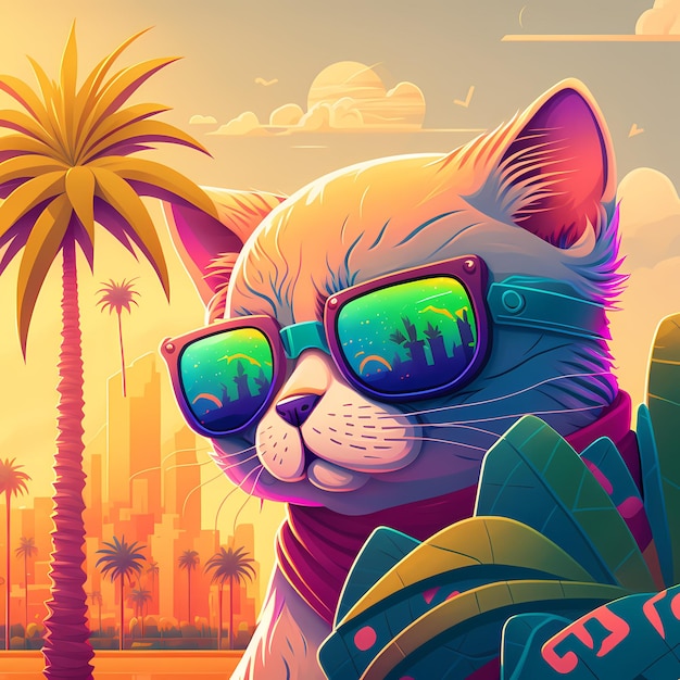 summer background cat wearing sunglasses with beach and palm trees