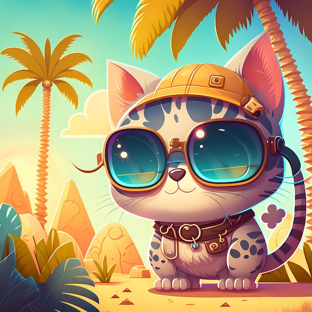 summer background cat wearing sunglasses with beach and palm trees