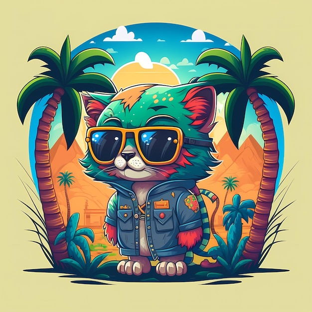 summer background cat wearing sunglasses with beach and palm trees