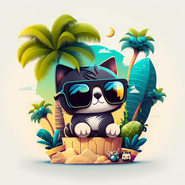 summer background cat wearing sunglasses with beach and palm trees