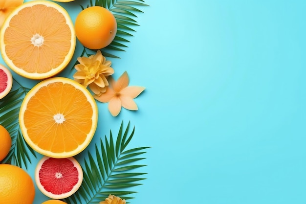 Summer background citrus fruits leaves blue flat lay Generative AI