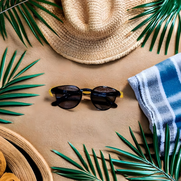 여름 배경 개념 해변 휴가 여름 모자 선글라스와 수건을 가진 빛 모래 해변