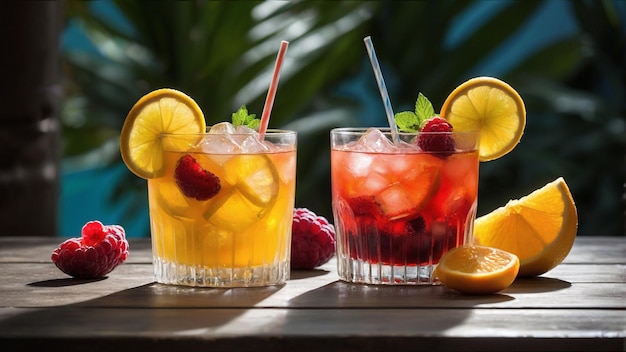 Photo summer background glasses of lemonade and raspberry lemonade drinks