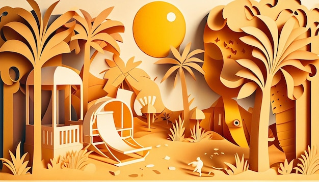 Summer background illustration in paper cut style Generative AI