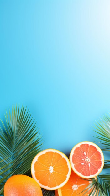 Photo summer background of oranges and palm leaves arranged on a blue background